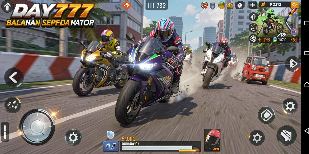 Tampilan gameplay balapan sepeda motor yang mendebarkan.