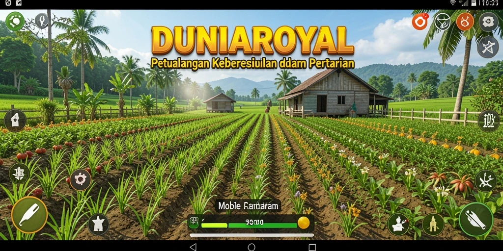 Tampilan gameplay <strong>DUNIAROYAL</strong> yang menampilkan ladang yang subur dan tanaman yang berkembang.