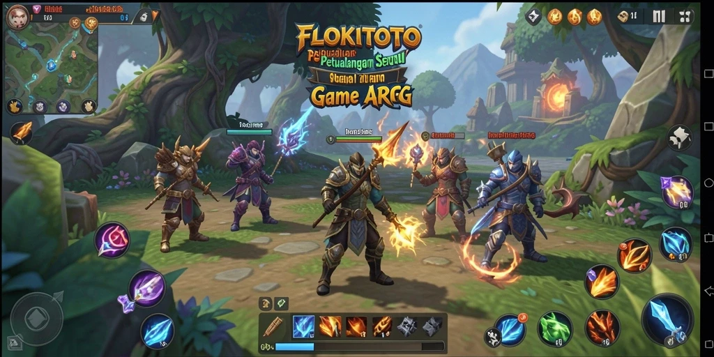 Screenshot permainan menunjukkan aksi pertarungan mendebarkan di dunia FLOKITOTO.