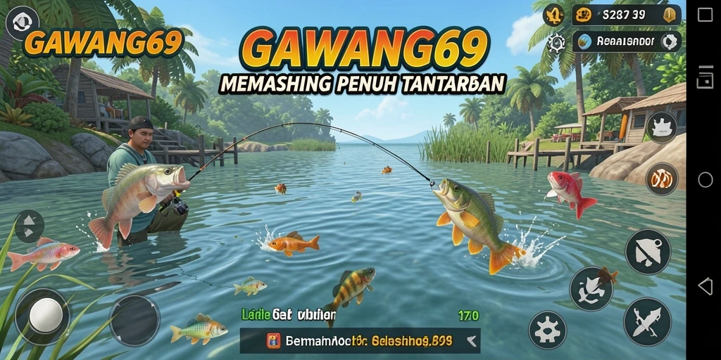Gameplay seru dalam GAWANG69 saat memancing di danau.