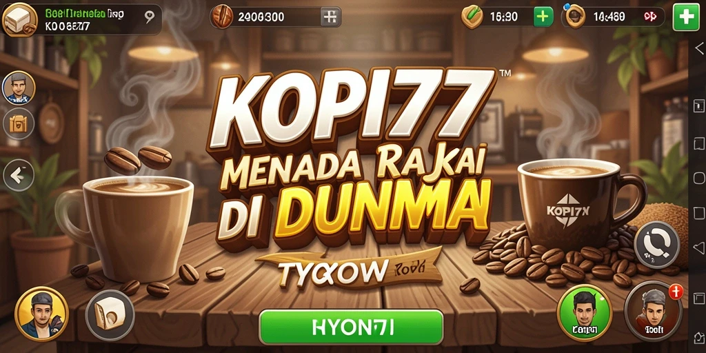 Screenshot KOPI77 menampilkan suasana kafe yang ramai dan gameplay mengelola bisnis.