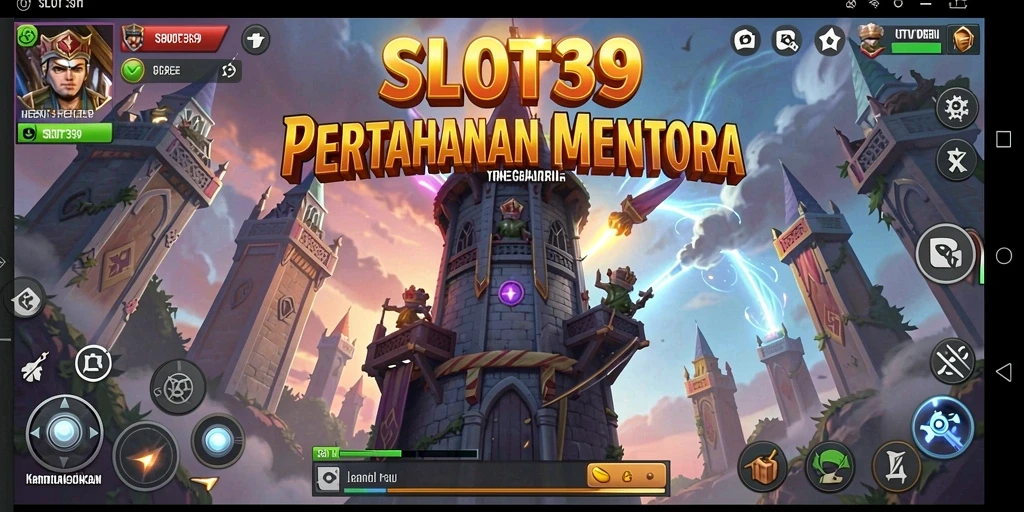 Tampilan gameplay SLOT39 dengan menara yang strategis dan musuh yang menyerang.