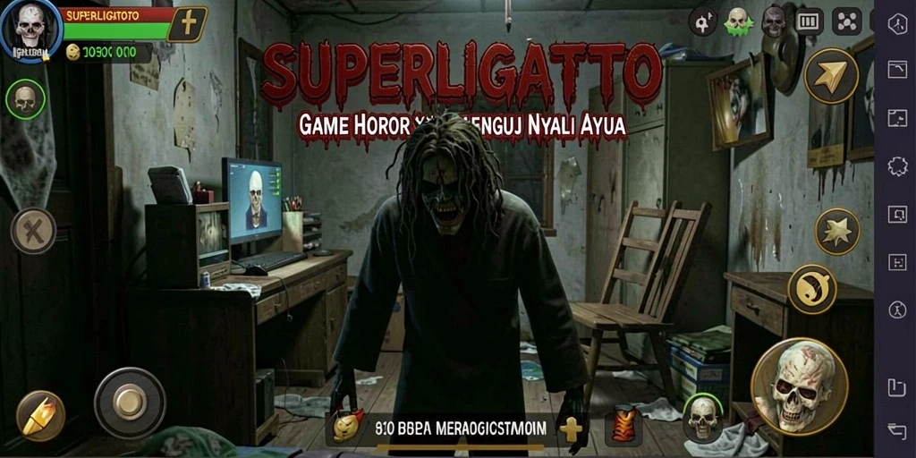 Screenshot gameplay SUPERLIGATOTO yang menunjukkan suasana horor yang mencekam.