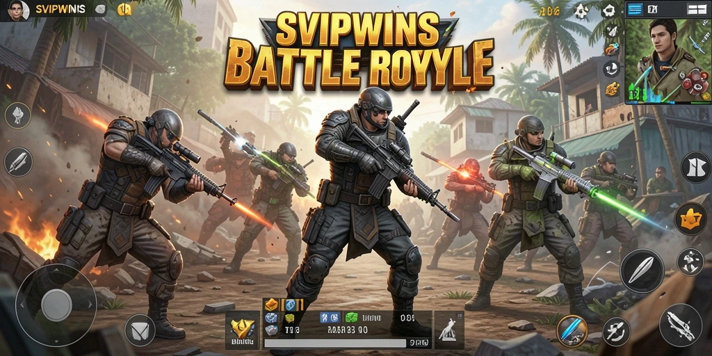 Screenshot SVIPWINS menampilkan aksi pertempuran seru dalam battle royale.